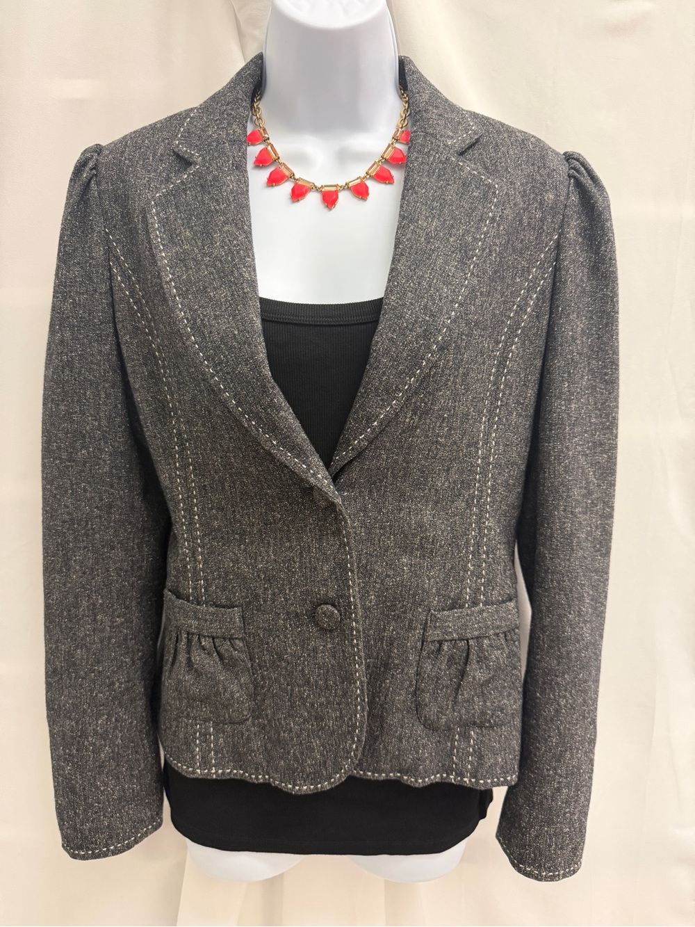 White House Black Market Contrast Stitch Tweed Blazer Jacket Gray